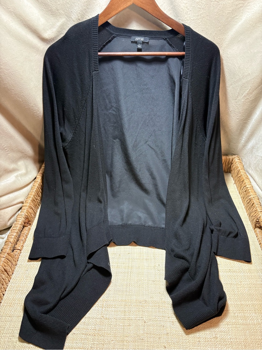 Apt 9 Black Mixed Media Open Front Draped Cardigan Silky Back Size L